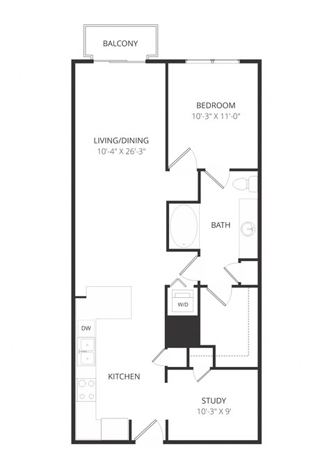 Floor plan for 1 bed, 1 bath, 946 sqft